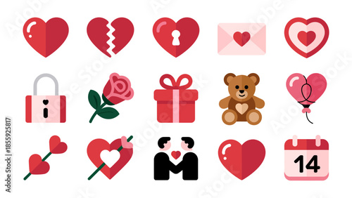 Valentine's Icons of Love: Collection of charming icons capturing the essence of Valentine's Day, with a variety of symbols symbolizing love, romance, and affection.