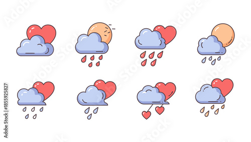Love-themed Weather Elements: Charming illustrations depict weather scenarios. Heart-shaped elements and rain drops, creating a whimsical and affectionate atmosphere. Capturing feelings, joy.