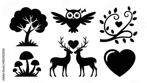 Nature's silhouettes: A harmonious collection of nature-inspired silhouettes: trees, owls, hearts, and woodland creatures, creating a timeless design.