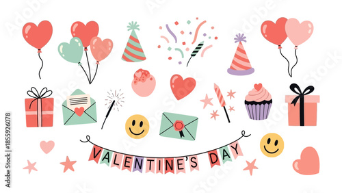 Valentine's Day Elements: A vibrant collage of whimsical elements associated with Valentine's Day, perfect for celebrating love and affection. Featuring hearts, balloons, presents.