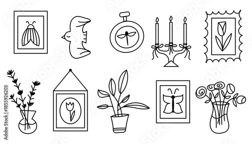 Whimsical cozy set. Cute aestetic elements. Bird, post stamp, plants.