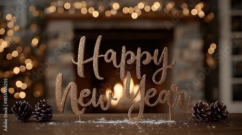 Happy New Year greetings text by the Fireplace, cozy new year 