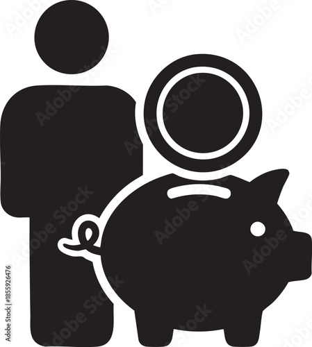 Illustration of person with piggy bank and coin symbolizing savings