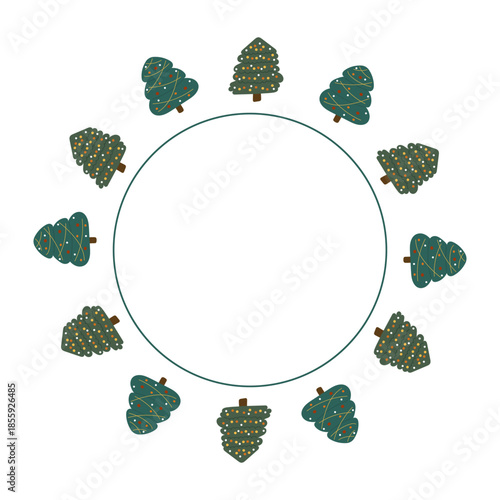 Christmas trees in round frame with copy space.