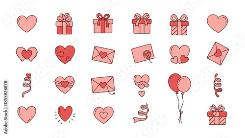 Valentine's Day Icon Set: A collection of various Valentine's Day icons, each conveying the spirit of love and affection. Featuring hearts, gifts, letters, and balloons.