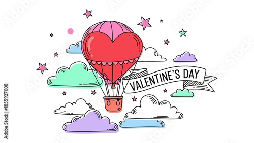 Love's Ascent: A whimsical illustration of a hot air balloon, shaped like a heart, floats gently amongst fluffy clouds, adorned with stars and a Valentine's Day banner.