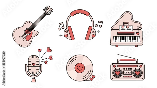 Musical Harmony: An array of musical elements, including a guitar, headphones, piano, microphone, vinyl, and radio, are depicted. Expressing love for music.
