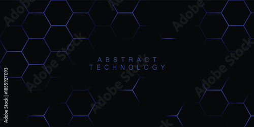Dark digital background with geometric hexagon pattern and sci-fi style.