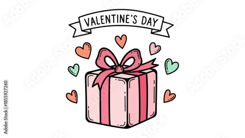 Valentine's Day Gift: Capturing the spirit of romance, this artistic representation showcases a beautifully wrapped gift box surrounded by floating hearts, evoking feelings of love and affection. 