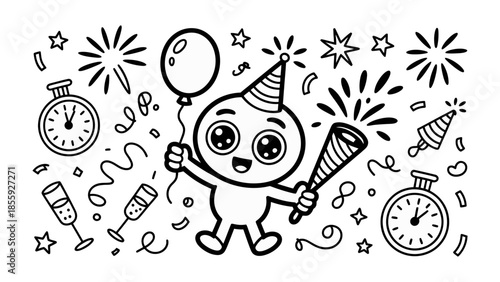 Festive Fun: A joyful cartoon figure celebrates with a party hat and a noisemaker amidst a shower of confetti and fireworks. Capturing the thrill of the special day.