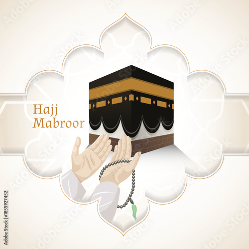 Hajj Mabroor, Islamic pilgrimage and prayer concept with Kaaba and rosary, religious symbol