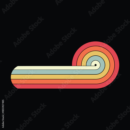 Abstract retro rainbow spiral with parallel rounded stripes in red, orange, yellow, teal and cream forming a horizontal bar that curls into a circular swirl on a black background,