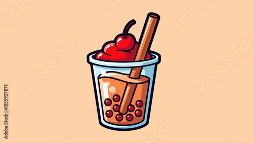 Illustration of a refreshing bubble tea with cherry topping.
