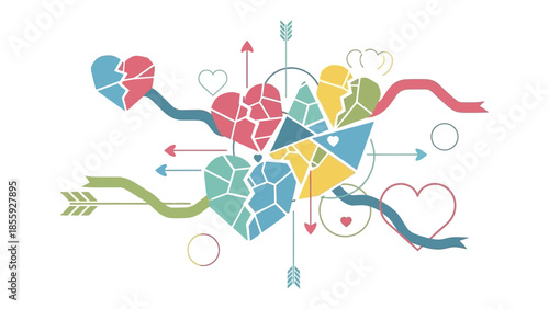 Love's Fragments: A symbolic illustration portraying the complexities of love, with fragmented hearts, arrows, and ribbons. It's an exploration of emotions
