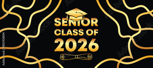 Senior Class of 2026 Graduation Banner with Abstract Gold Line Pattern, Luxury Academic Celebration Background