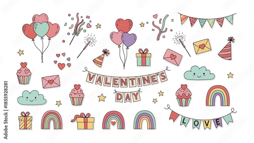 Fototapeta premium Valentine's Day Elements Collection: A charming collection of Valentine's Day elements, including balloons, gift boxes, cupcakes, banners, love letters, and rainbows.