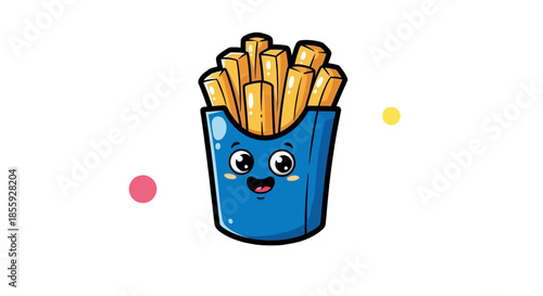 Cartoon French Fries with Kawaii Face in Blue Container.