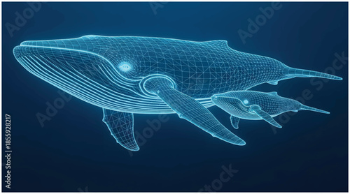 Digital representation of a large wireframe whale and its calf swimming in a vibrant holographic display. Vector wireframe illustration.