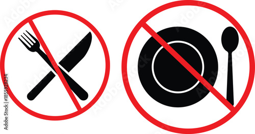 no Fork, knife, plate and spoon icon. Dining prohibition symbols. No eating graphic design. Cutlery forbidden and restricted signs
