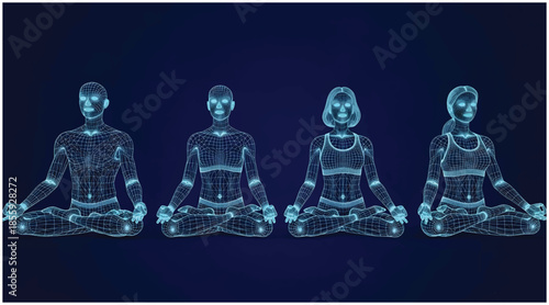 Digital beings finding inner peace: wireframe figures meditating in a technological landscape. Vector wireframe illustration.