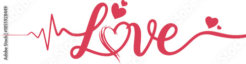 Pink cursive love script with heartbeat monitor line, love, Valentine's Day, heartbeat, EKG, pulse, line, script, cursive, typography, pink