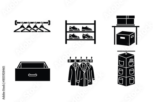 Home closet and wardrobe organization vector icons