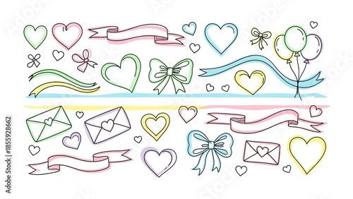 Love and Celebration: A vibrant collection of hand-drawn hearts, ribbons, bows, balloons, and envelopes, embodying the spirit of love and joy with soft pastel hues.