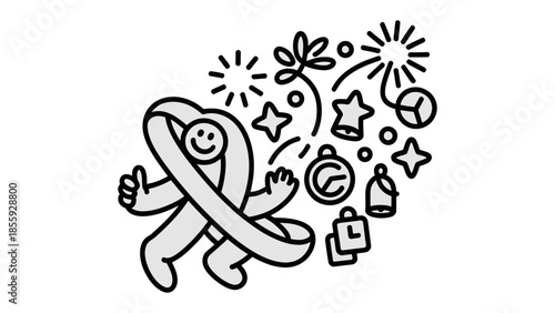 Festive Ribbon: A playful ribbon figure, radiating cheer and positivity, is surrounded by festive celebratory elements, symbolizing the joy of celebration and achievement.