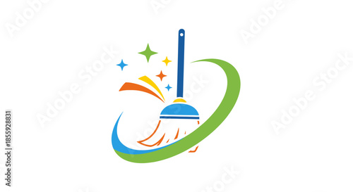Abstract cleaning service logo design with broom, sparkle effects, and arc decoration expressing