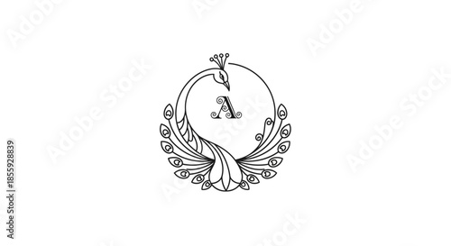 Elegant peacock logo design incorporating the letter A in a refined circular frame