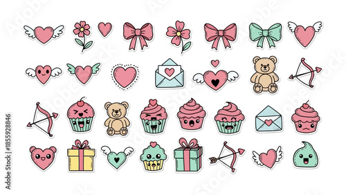 Valentine's Day Vector Set: A charming set of hand-drawn illustrations filled with hearts, cupcakes, bows, gifts, and symbols of love, perfect for adding a touch of romance to any design.
