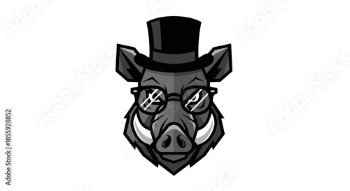 Sophisticated boar mascot in a stylish top hat and eyeglasses with a clean design suitable for