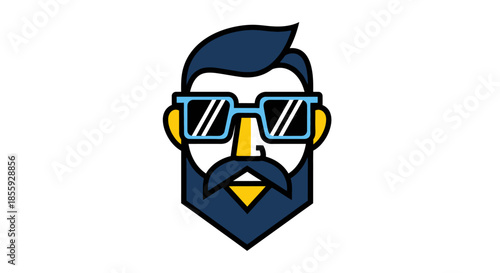 Stylized modern hipster face with beard and trendy eyeglasses graphic illustration