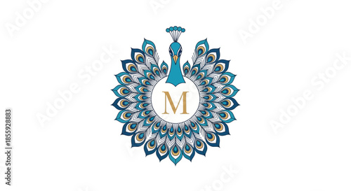 Elegant peacock emblem design with an 'M' lettermark, ideal for branding or decorative purposes