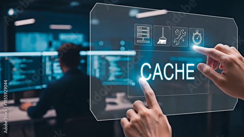 Data cache management concept with hands pressing on virtual screen.