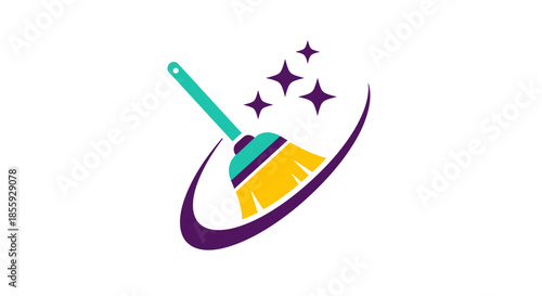 Vibrant broom logo signifying cleanliness, accompanied by sparkling stars and swooshing arc