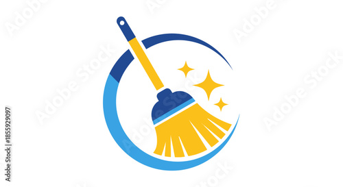 Broom with circular sweep and sparkle, symbolising cleaning and efficiency, perfect for home or