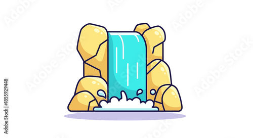 Cartoon Waterfall Cascade with Rocks and White Water Bubbles.