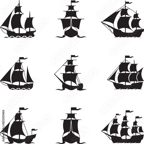 Collection of nine vintage sailing ships with multiple sails isolated