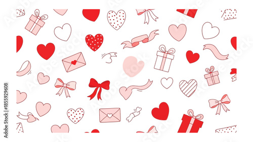 Valentine's Day pattern: A festive assortment of hearts, gifts, bows and envelopes on a beautiful design, perfect for expressing love and celebration.