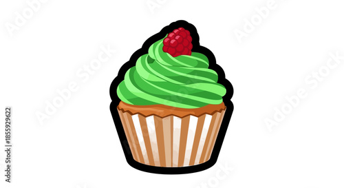 Delicious cupcake with green frosting and a raspberry on top.