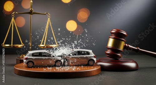 Car accident legal action: scales of justice, gavel, and collision scene