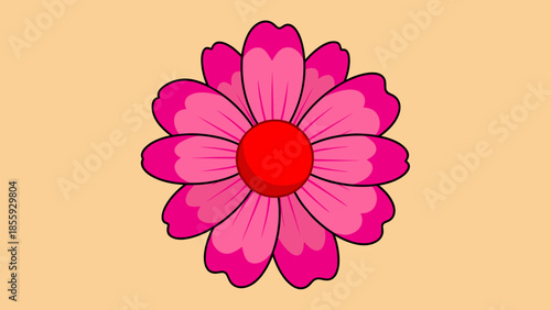 Pink Flower Illustration with Red Center on Beige Background.