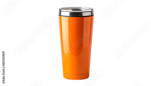 A tall, orange tumbler with a silver rim and lid sits centered against a solid black background, showcasing its sleek design
