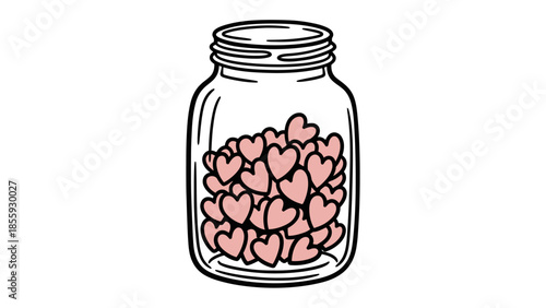 Jar of Hearts: A clear glass jar, filled to the brim with delicate pink hearts, symbolizes affection, love, and emotional abundance. A simple yet powerful illustration.