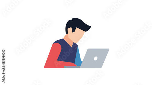 Young man focused on laptop computer screen working diligently.