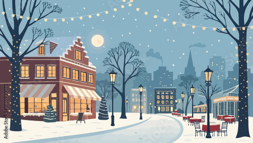 Cozy winter evening in a quaint snowy town with warm streetlights