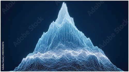 Wireframe mountain landscape: abstract representation of data peaks and valleys. Vector wireframe illustration.