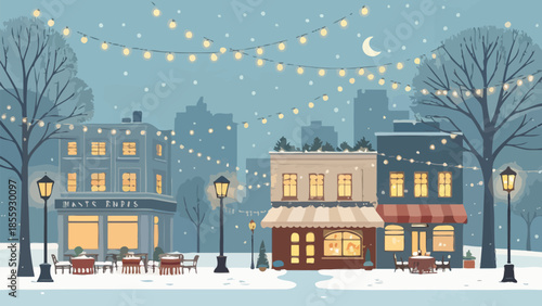 Cozy winter evening in a charming snowy town square at night