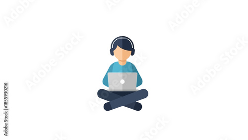 Person wearing headphones sitting cross-legged with laptop.